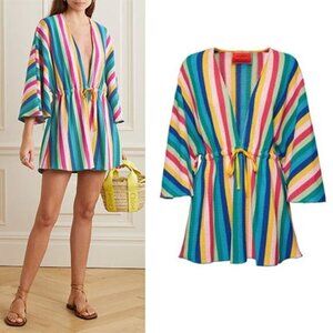 NEW La DoubleJ Striped Cotton-Blend Drawstring Tie Mini Dress Size: XS